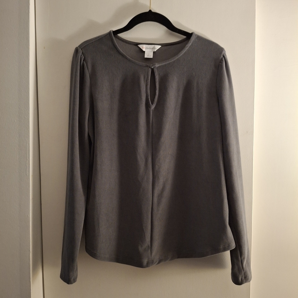Liz Claiborne Women's Charcoal Long Sleeve  Ribbed Blouse